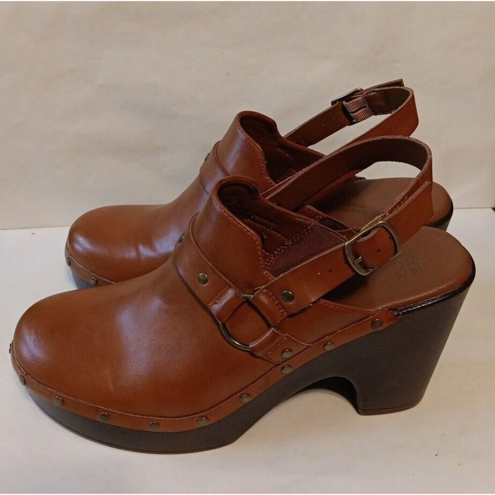Frye and Co Fabry Womens US 10 Brown Vegan Leather Harness Mules Clogs 4" Heel - Picture 3 of 11